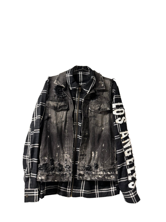 DISTRESS JEAN JACKET FLANNEL ATTACHED