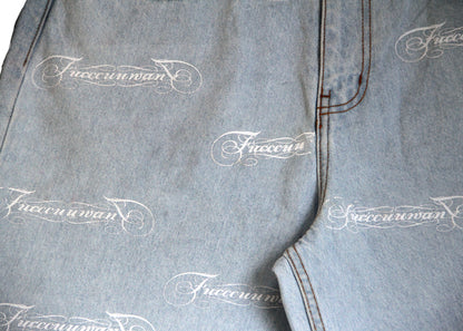 FUW SCRIPT ALL OVER PRINT BAGGY JEANS ( BLUE )