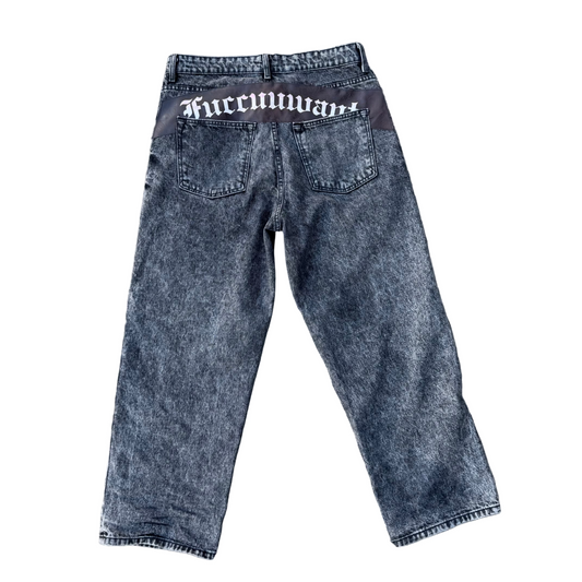 BLACK LEATHER YOKE PANT (ACID WASH)