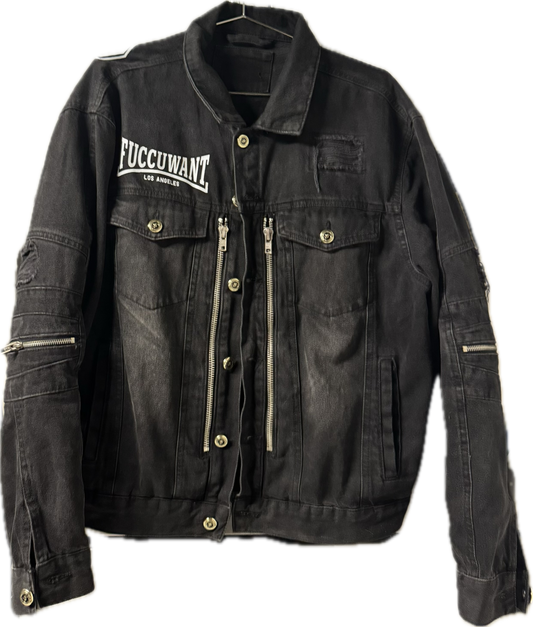DOUBLE ZIPPER DENIM DISTRESS LOGO JACKET